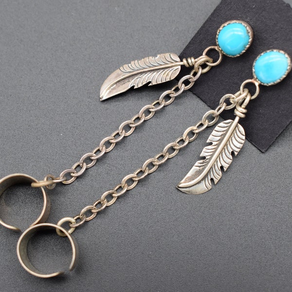 Vintage Handmade Sterling Silver with Turquoise Stone and Dangle Feather Earring