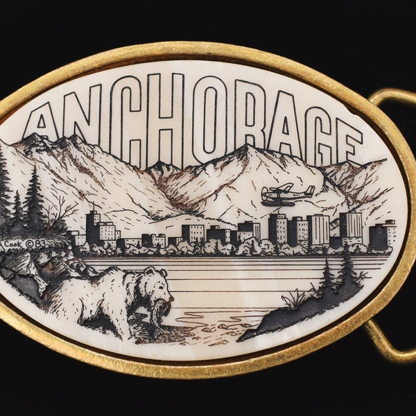 Anchorage Alaska Cityscape Solid Brass Vintage Belt Buckle