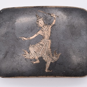 Sterling Silver Nielloware Siam Southeast Asia Figural Dancer Motif Slide Belt Buckle