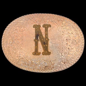 Letter N Western Floral Paisley Vintage Belt Buckle - Crumrine Made in USA