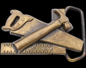 Carpenter Hand Saw Hammer Square Handyman Contractor Construction Worker Solid Brass Vintage Belt Buckle