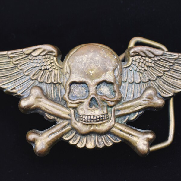Solid Brass Winged Skull and Crossbones Punk Metal Biker 1970s Vintage Belt Buckle