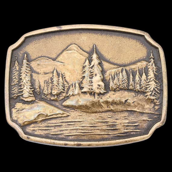 Solid Brass Mountain Lake Woods Forest 1970s Vint… - image 1