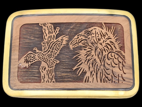 California Condor Vulture Solid Brass & Olive Tree Wood Vintage Belt Buckle