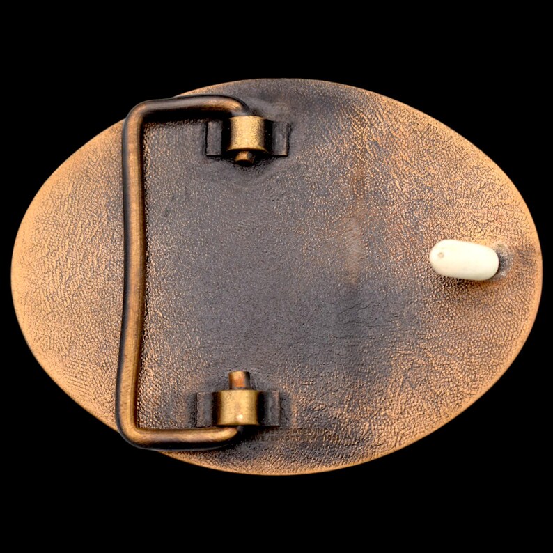 May include: Back view of a bronze-colored oval belt buckle. The buckle has a textured surface with a dark brown center and a lighter bronze edge. A bronze-colored metal loop and a white pin are attached.