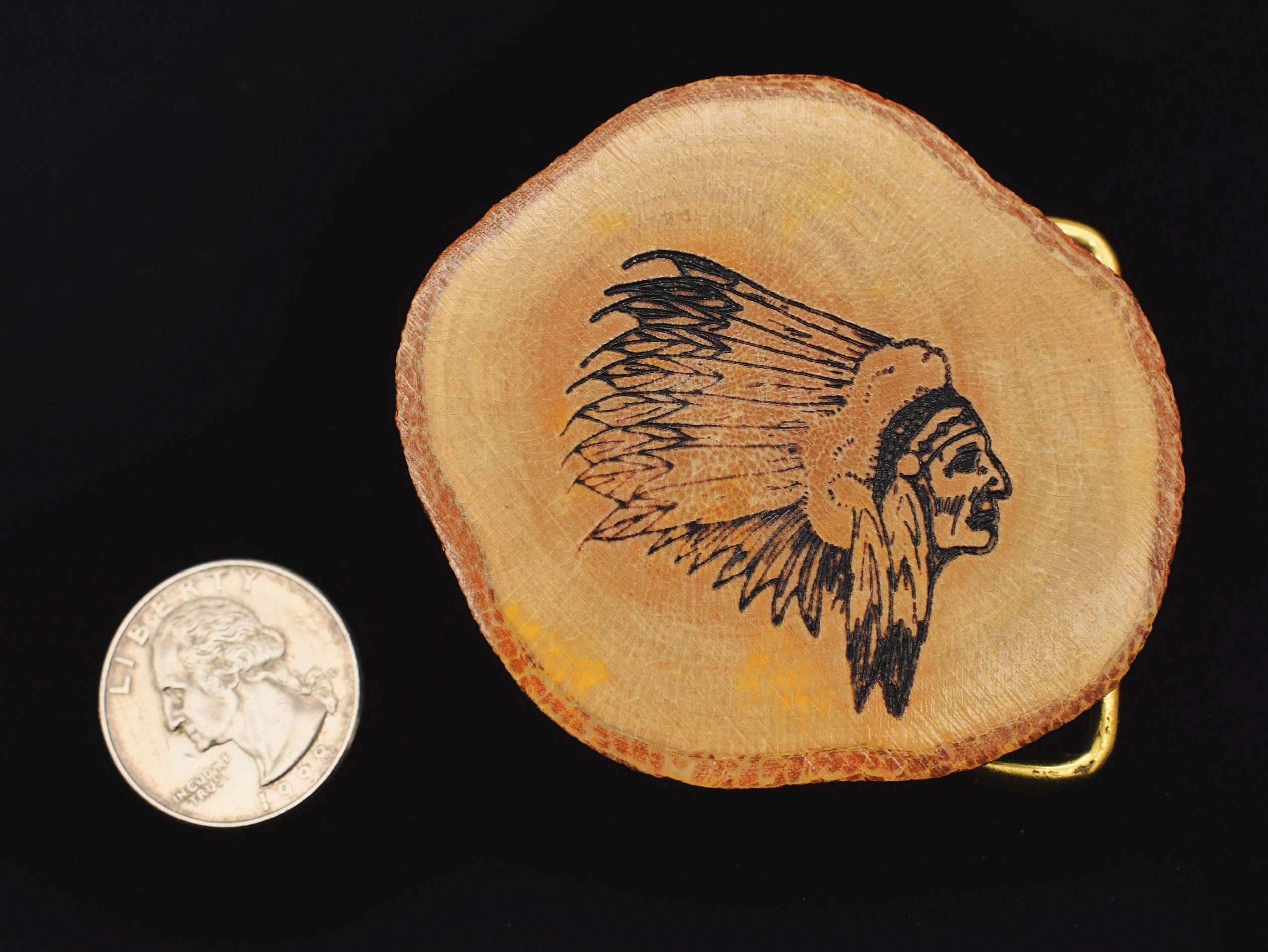 Native American Feather Headdress Wood Burning Etched Vintage Belt ...