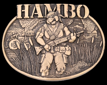 Solid Brass "Hambo" Joke Rambo Movie Pig Vintage Belt Buckle by Award Design Medals [ca. 1980s]