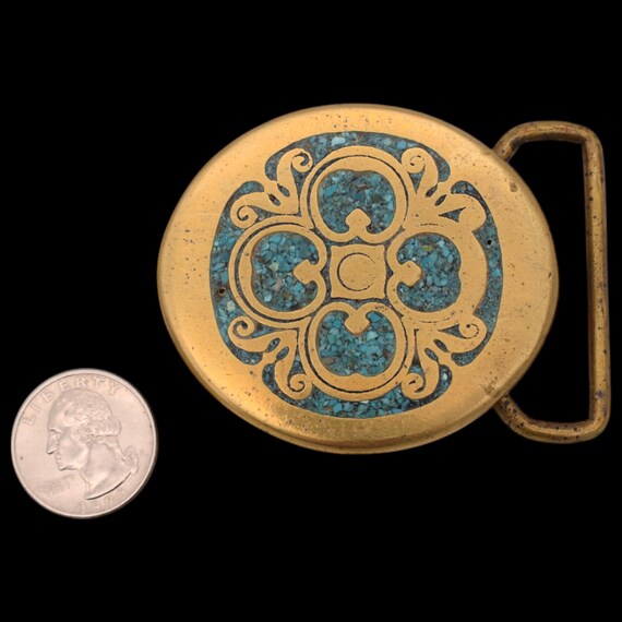 Solid Brass & Turquoise Cloverleaf Paisley Hippie… - image 2