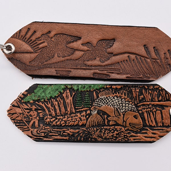 Handmade Leather Keychain Flying Ducks Sunrise & Fisherman Scene