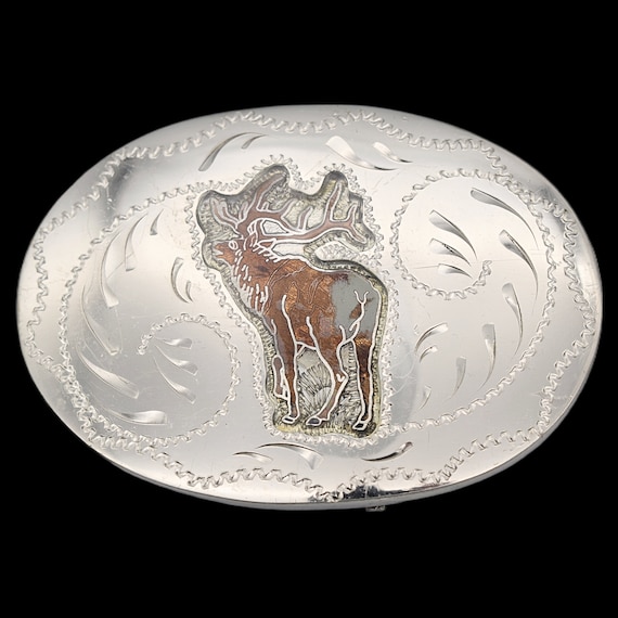 Elk Rut Bugle Stag German Silver Tooled Western Vintage Belt Buckle