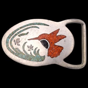 Hummingbird Turquoise & Red Coral Inlay 1970s Vintage Belt Buckle by Rainbow Jewelry/IMC