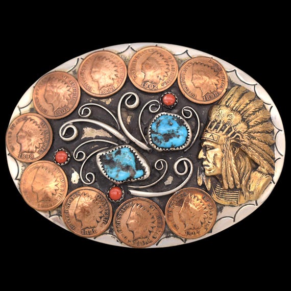 Large Indian Head Cent Coins & Turquoise Stones German  display picture 3