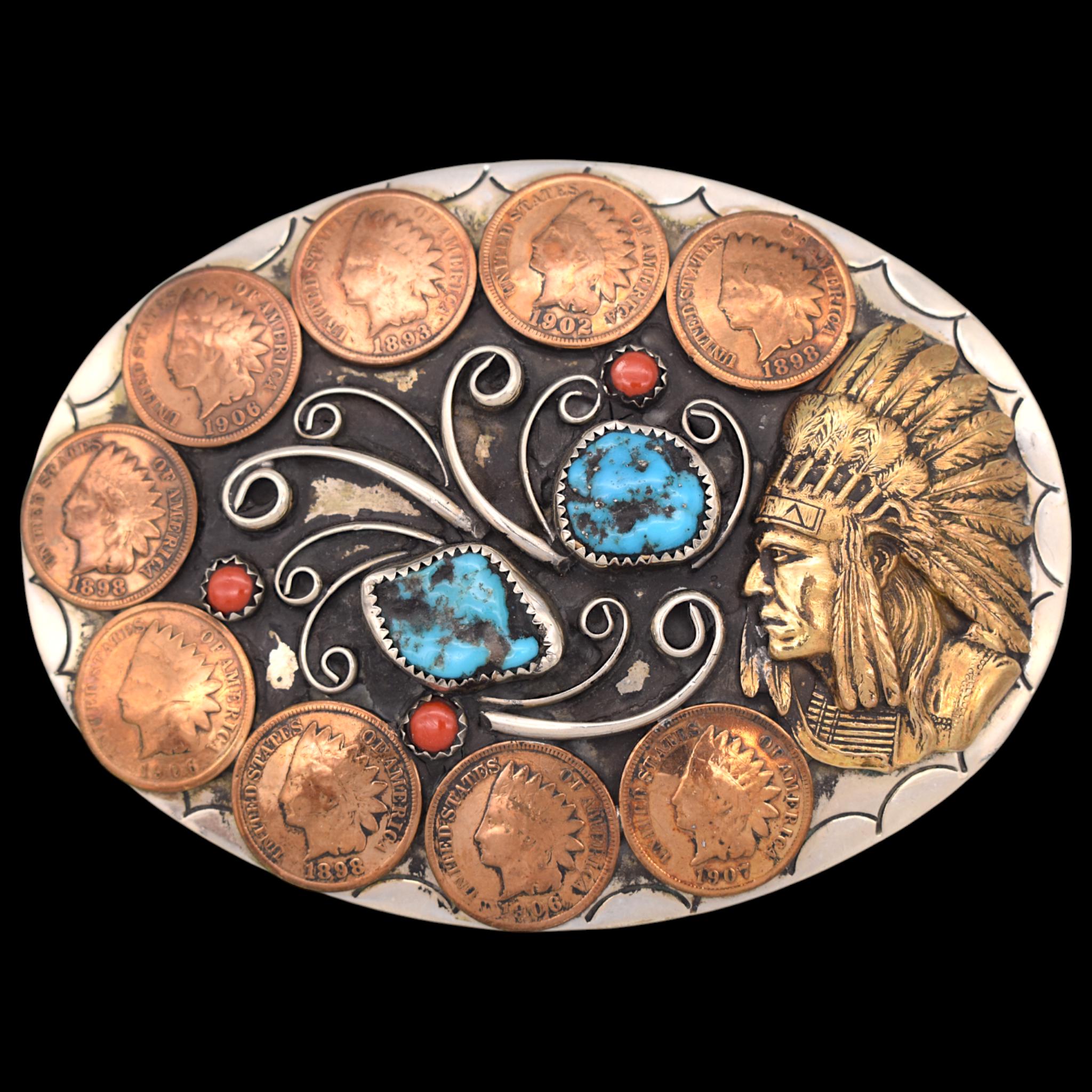 Large Indian Head Cent Coins & Turquoise Stones German Silver