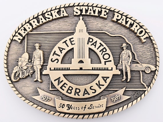 Nebraska State Patrol Law Enforcement Solid Brass Vintage Belt Buckle