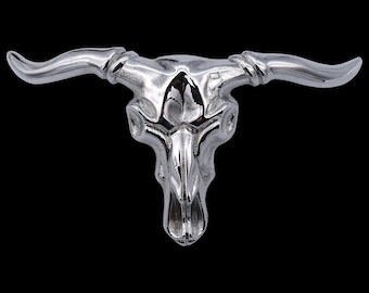 LARGE Chrome Plated Solid Brass Longhorn Bull Skull 1980s Vintage Belt Buckle by BBB Baron