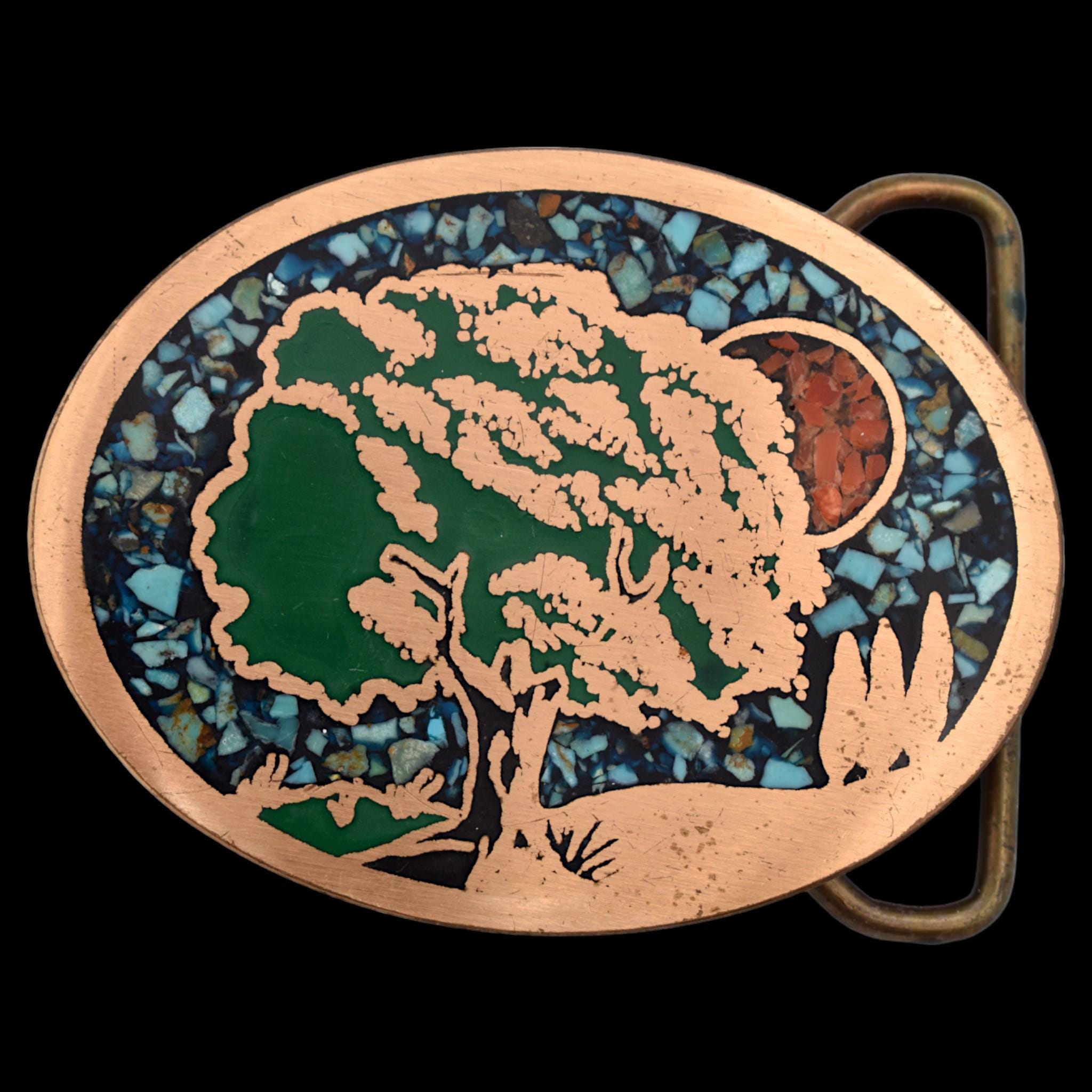 Vintage 70\'s Belt Buckle Solid Brass Tree of Life Sunrise Boho Hippie Art 1970s Tree of Life Pyramid Sun Rays Hippie Solid Brass  main image 3