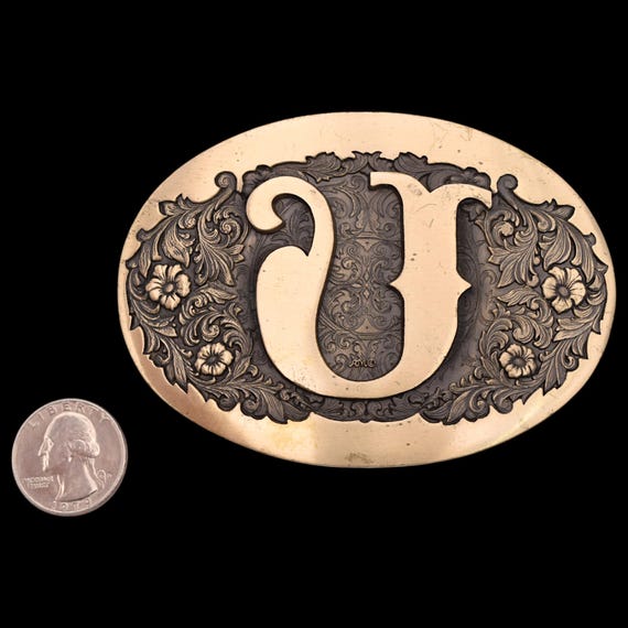 Letter U Initial Name Solid Brass Vintage Belt Bu… - image 3
