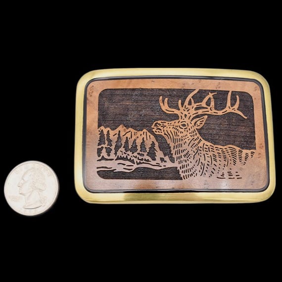 Solid Brass Olive Tree Wood Elk Nature Scene Wilderness Trinity Buckle Co. Vintage Belt Buckle View 6