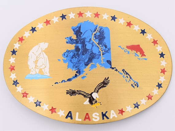 Alaska State Map TAPS Eagle Polar Bear Salmon Pai… - image 1