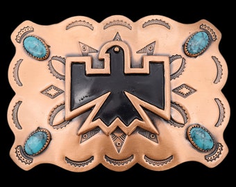 Thunderbird Bell Trading Post Faux Turquoise Copper Vintage Belt Buckle