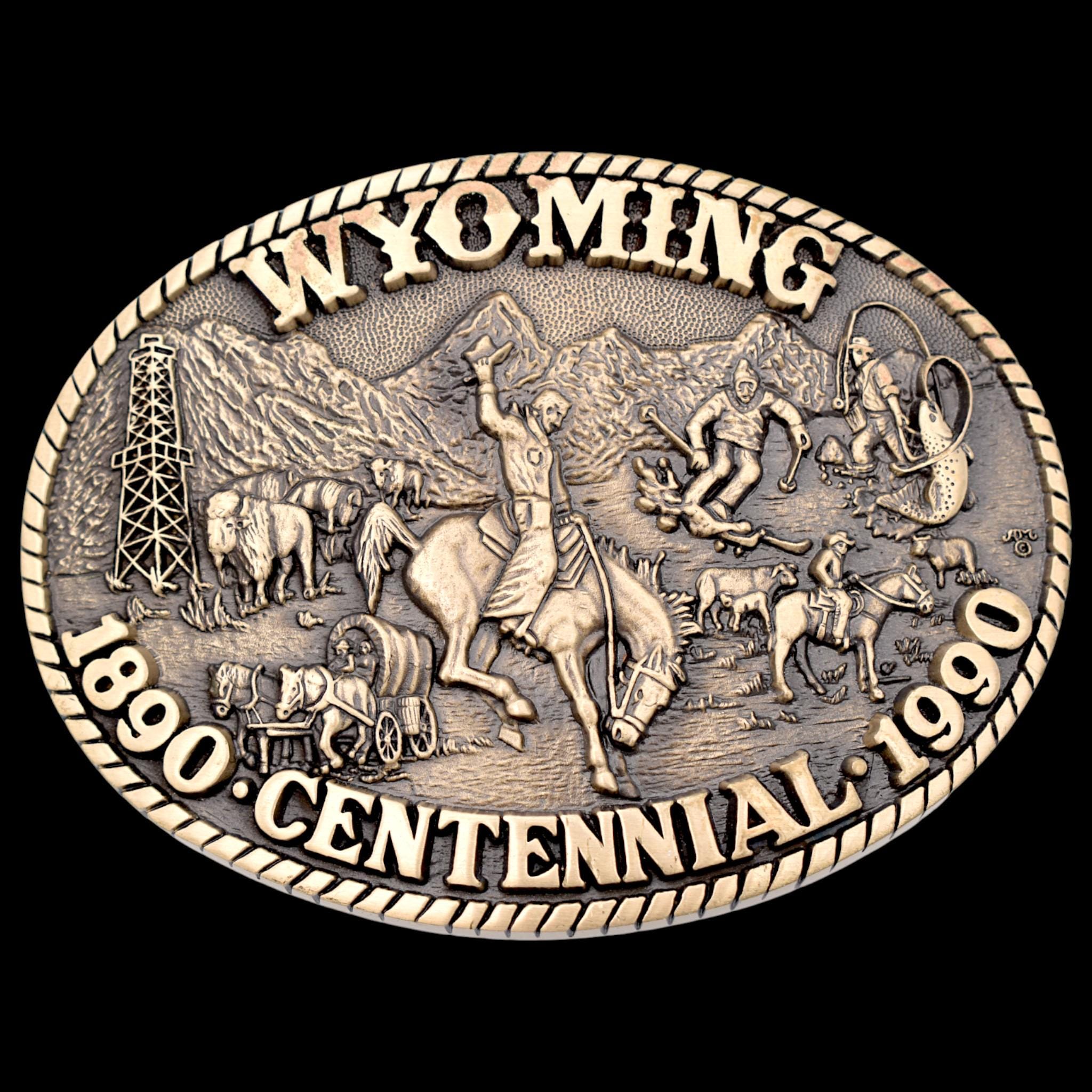 Vintage Wyoming Award Design Medals Inc First Edition Solid Brass Belt Buckle Wyoming Centennial 1990 Gold & Silver Plated Solid Brass  main image 3