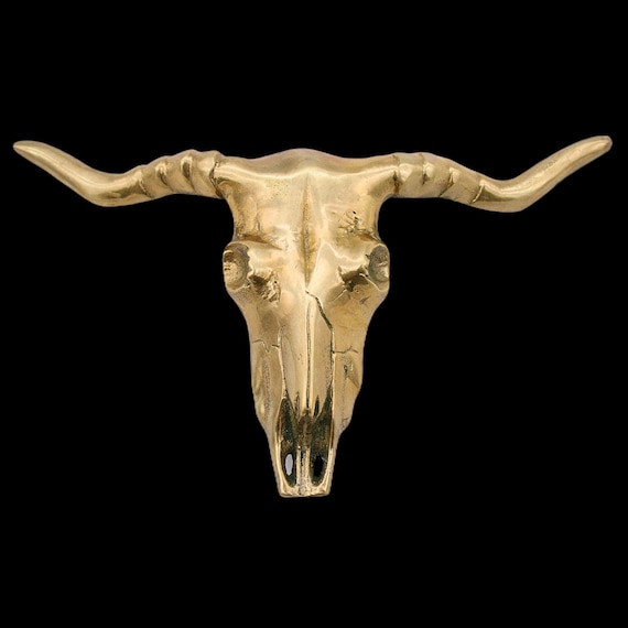 LARGE Solid Brass Longhorn Bull Skull 1980s Vintag