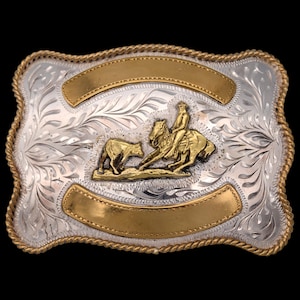 Calf Cutting Western Engraved 1980s Vintage Belt Buckle by Award Design Medals (Silversmith Collection)