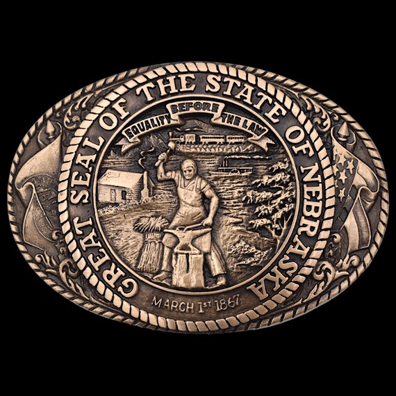 TONY LAMA Seal NEBRASKA Belt Buckle Solid Brass STATE… Gem