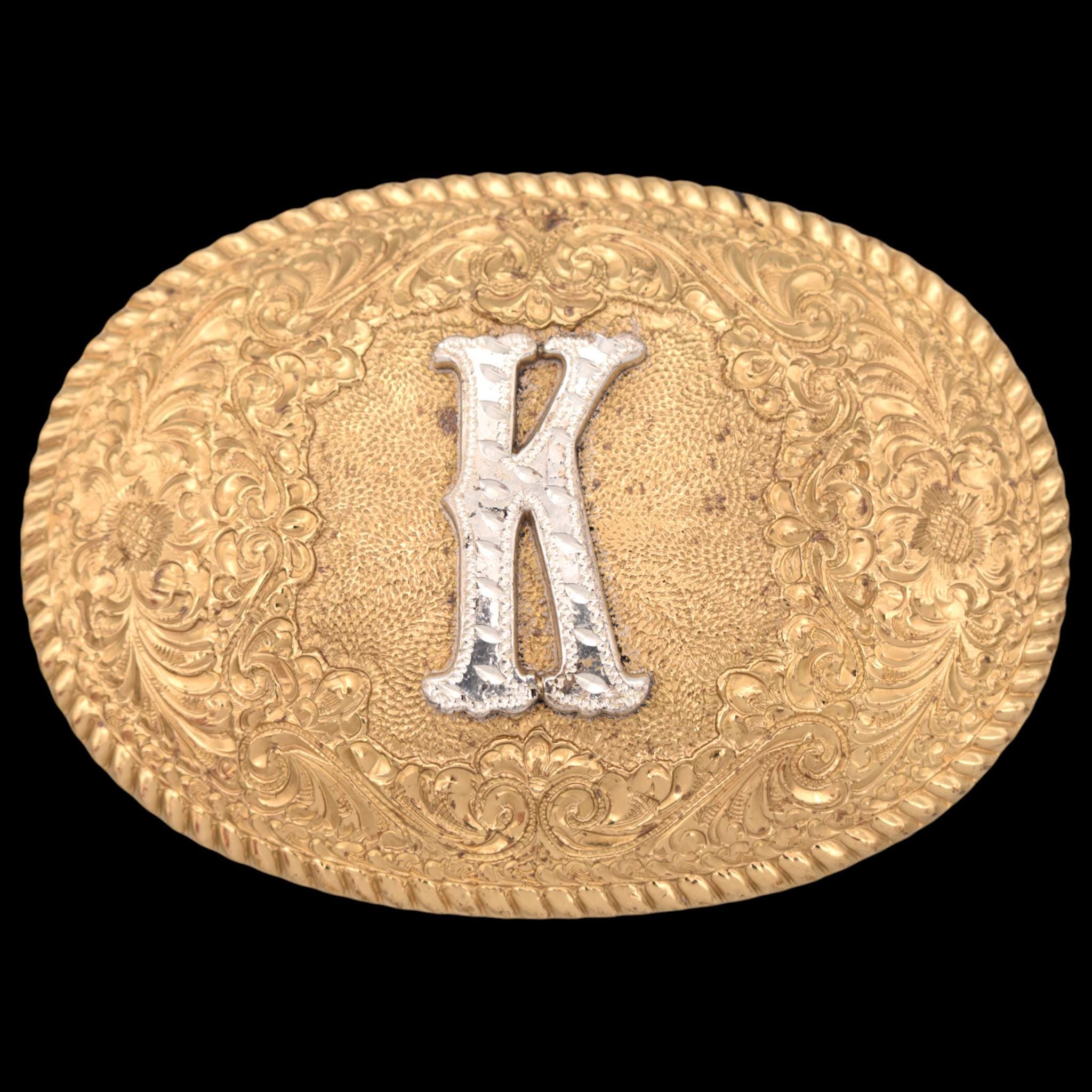 Letter K Sterling Silver Accent on Brass Western Engraved 