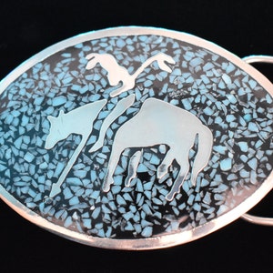 End of The Trail Stone Chip Inlay 1980s Vintage Belt Buckle