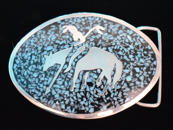 End of the Trail Stone Chip Inlay 1980s Vintage Belt Buckle  display picture 2