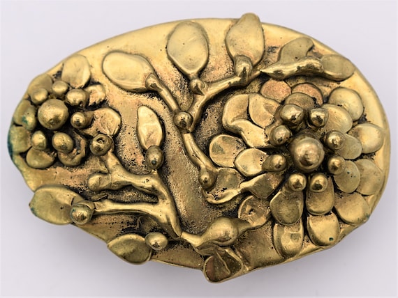 Stephen Burr Signed Brass Brutalist Floral Belt Buckle, 1970s Brass, 1\