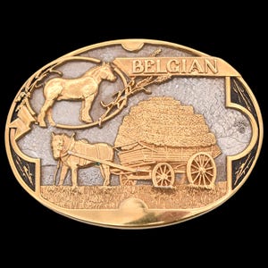 Belgian Work Horse Hay Wagon 1980s Gold & Silver Plated Solid Brass Vintage Belt Buckle