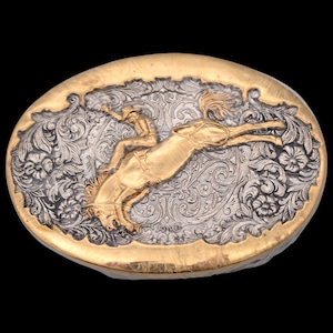 Bronc Rider Cowboy Gold & Silver Plate 1980s SMALL Vintage Belt Buckle by Award Design Medals