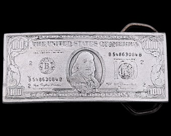100 Dollar Bill Benjamin "Benji"  Money Stacks Bands Pewter Belt Buckle