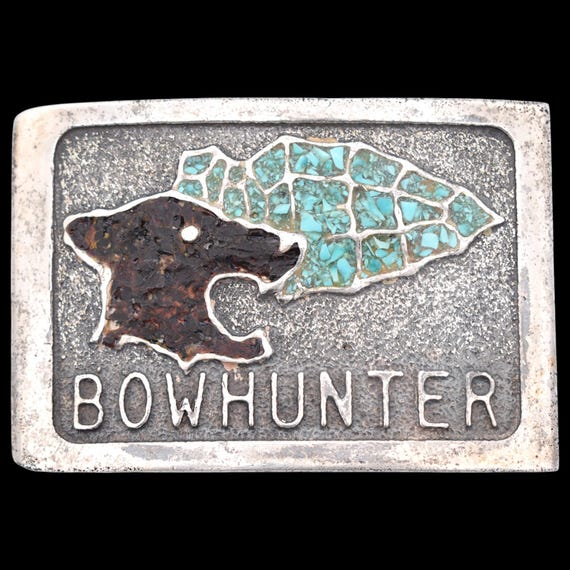 Sterling Silver Bowhunter Arrowhead Flint & Bear Vintage Belt Buckle