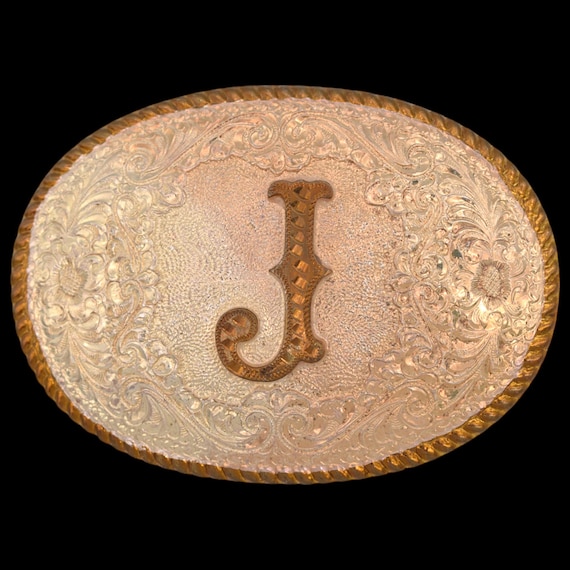 Gold and Silver Ornate \'J\' Belt Buckle by Crummine Crumrine Western Belt Buckle Oval Bull Rider Detailed Edge  main image 4