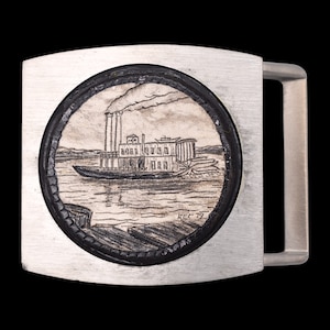 Riverboat Ferry Steamship Pewter & Leather Vintage Belt Buckle