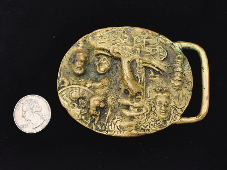 1970s Rare Solid Brass Crucifix Faces Studio Mid Century Modern Art Abstract Vintage Belt Buckle