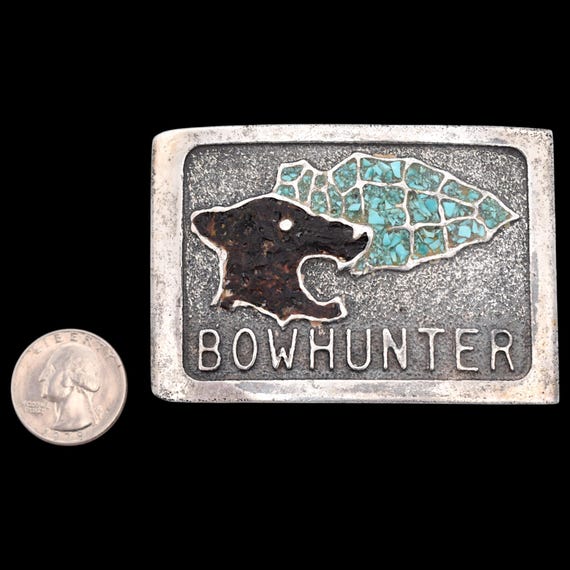 Sterling Silver Bowhunter Arrowhead Flint & Bear Vintage Belt Buckle View 3