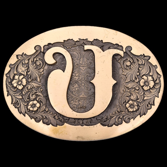 Letter U Initial Name Solid Brass Vintage Belt Bu… - image 1