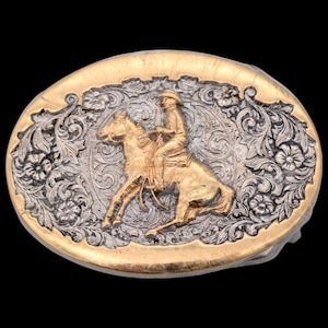 Horseback Cowboy Gold & Silver Plate 1980s SMALL Vintage Belt Buckle by Award Design Medals