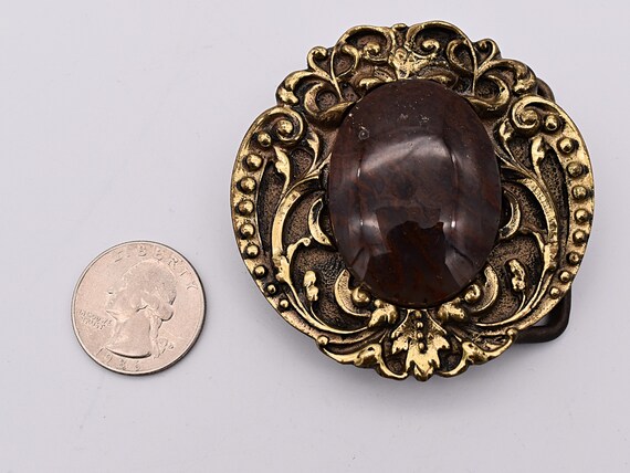 Solid Brass Floral Pattern Fitted Mossy Agate Sto… - image 3