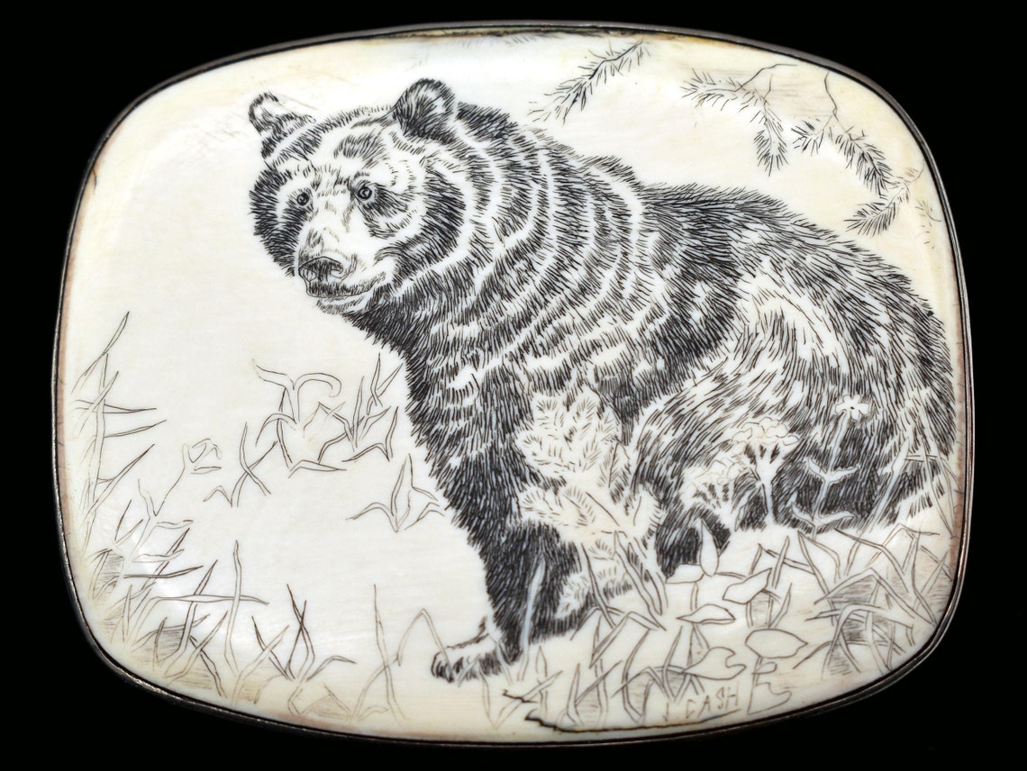 Real Scrimshaw Grizzly Brown Bear Sterling Silver Setting | Etsy