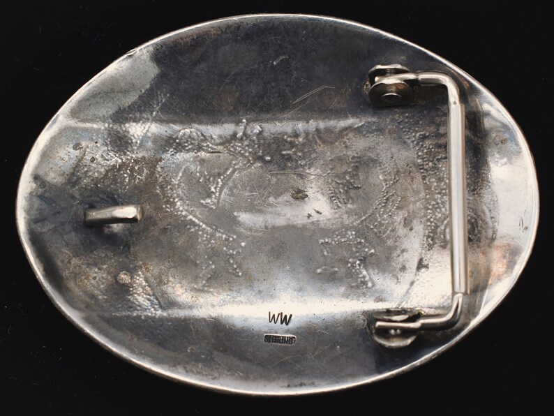 Sterling Silver Overlay Method Kokopelli Figures Vintage Belt Buckle Artist Signed WW Sterling