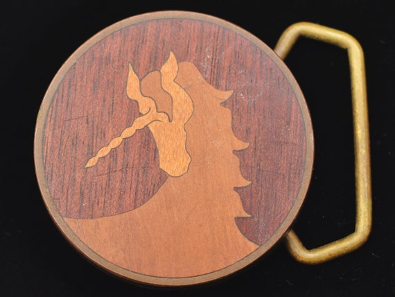 Unicorn Wood Inlay Solid Brass 1970s Vintage Hipp… - image 1