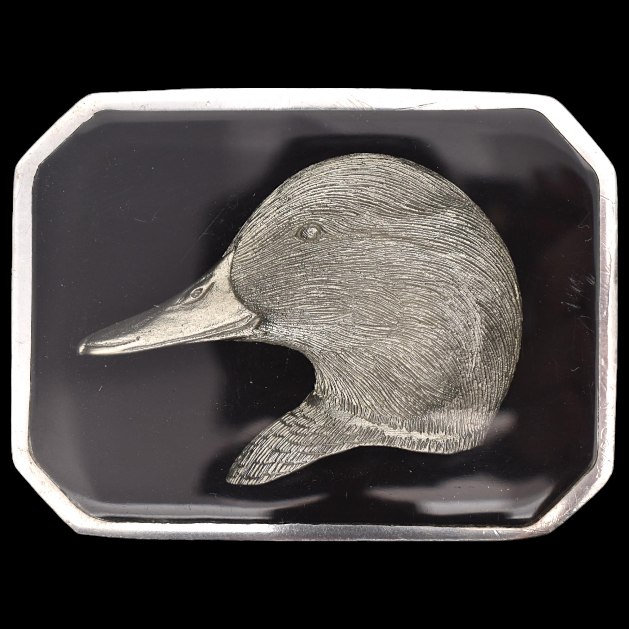 Duck Artist Signed Pewter 1980s Vintage Belt Buckle