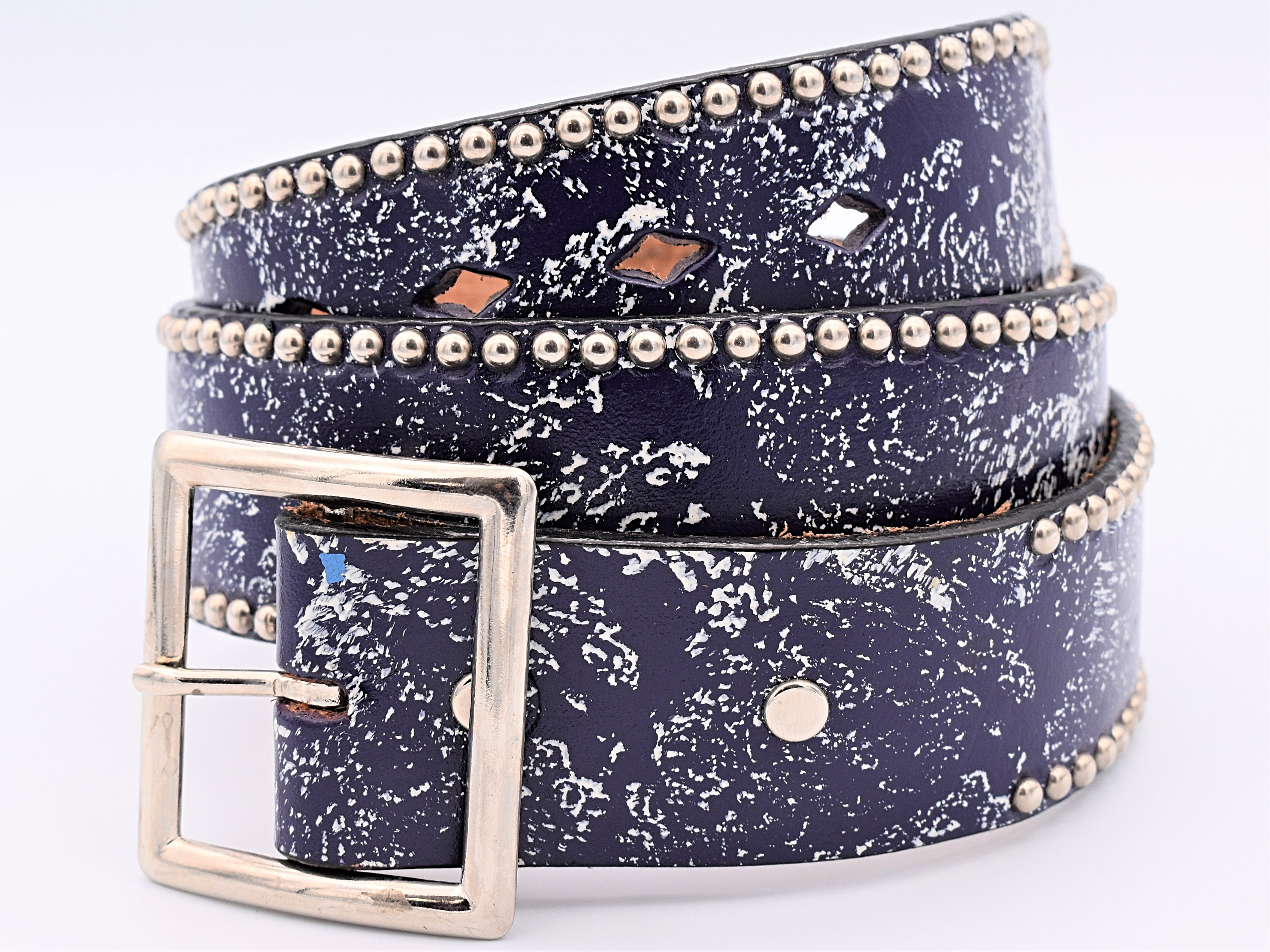 Genuine Leather Belt Size 34 ~ Dark Blue Speckle Metal Studs  display picture 2