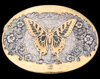 Butterfly Solid Brass Gold & Silver Plating Western Floral Paisley Cowgirl Cute Boho Award Design Medals Vintage Belt Buckle