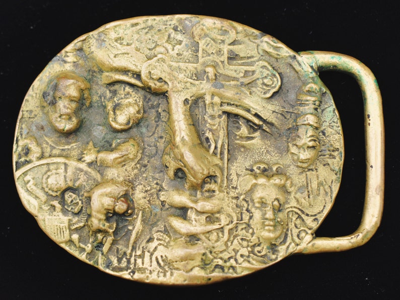 1970s Rare Solid Brass Crucifix Faces Studio Mid Century Modern Art Abstract Vintage Belt Buckle